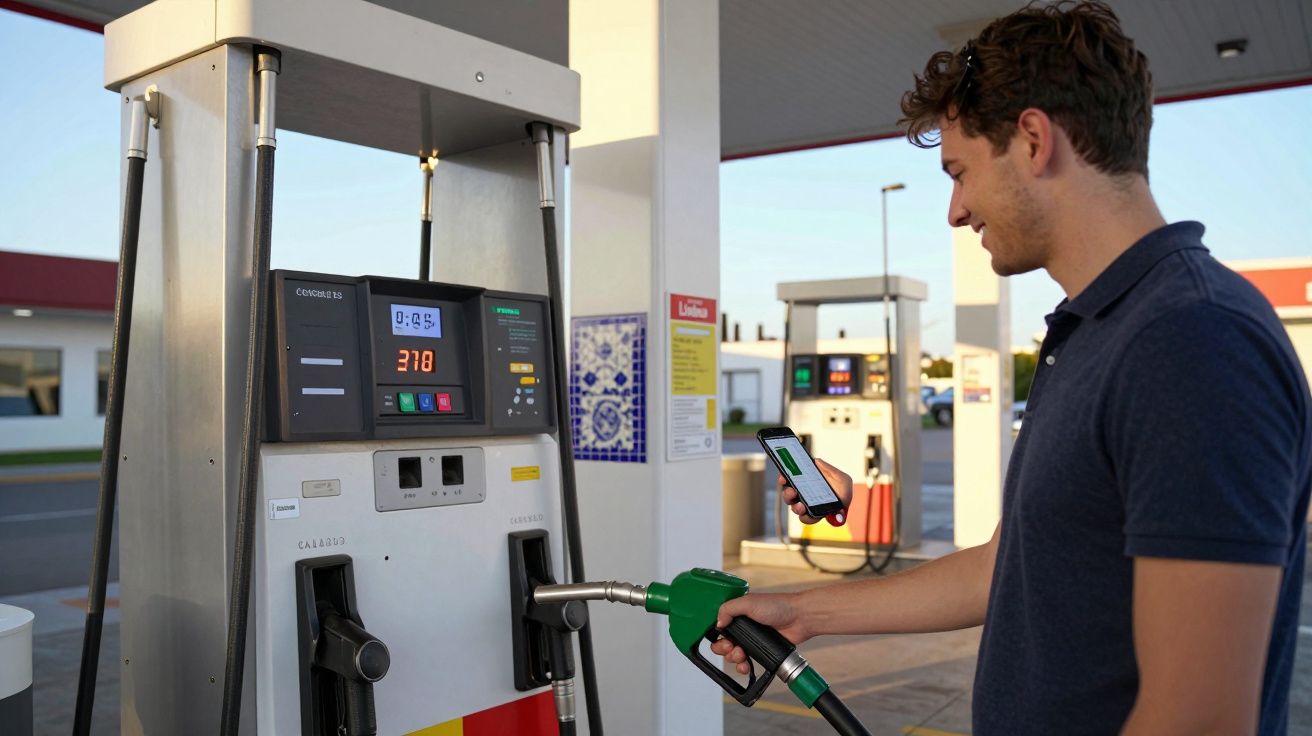Homem numa estação de serviço a abastecer o carro e a usar o telemóvel.