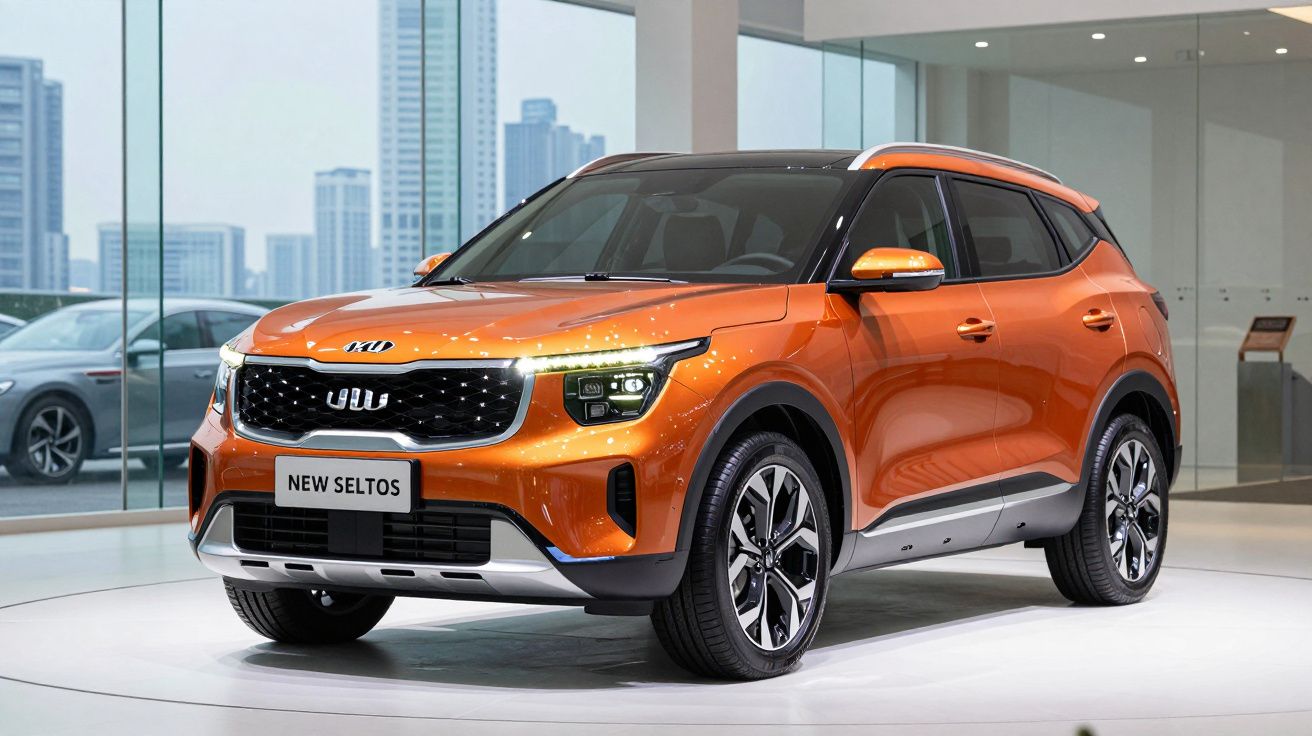 SUV Kia New Seltos laranja exibido em stand moderno com janelas de vidro e edifícios ao fundo.