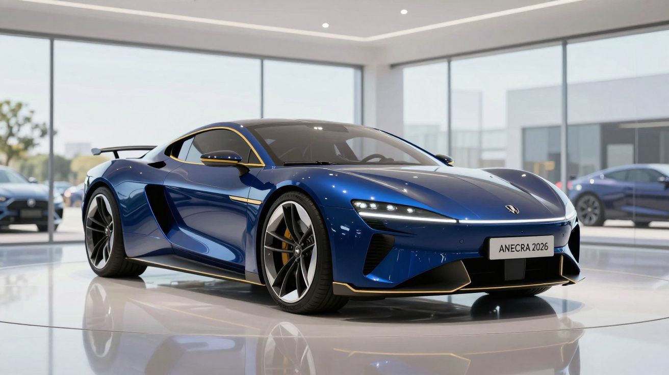 Carro desportivo azul metálico com detalhes dourados exibido numa garagem moderna com janelas amplas.