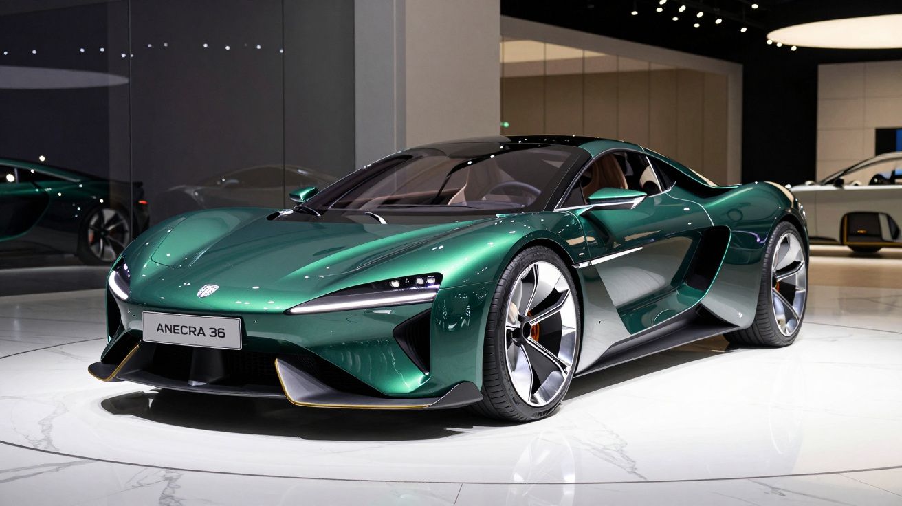 Carro desportivo verde metálico com design moderno exibido em salão de automóveis.