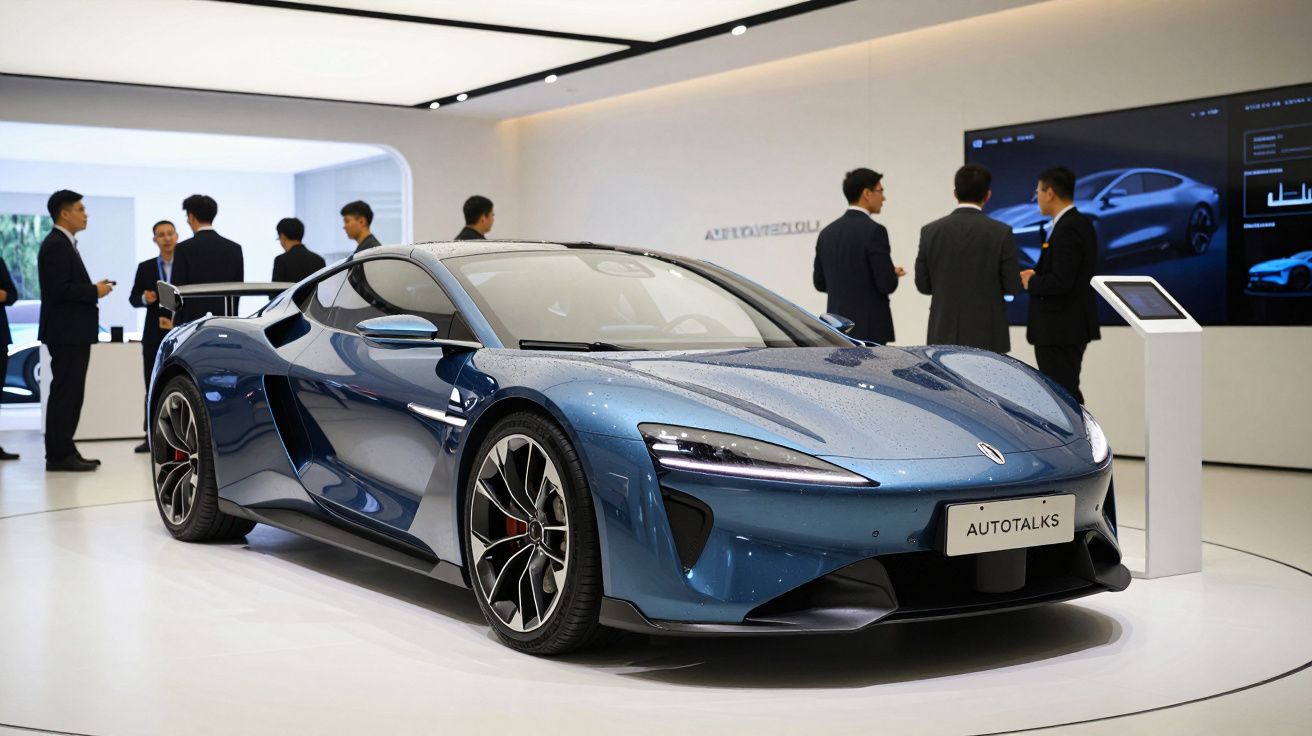 Carro desportivo azul turquesa em exposição moderna com pessoas a discutir ao fundo.