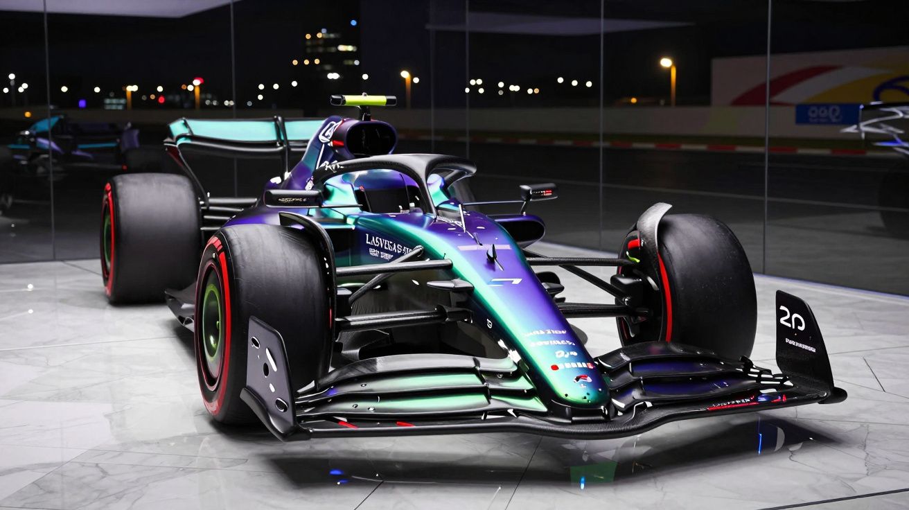 Carro de Fórmula 1 com pintura iridescente em exposição noturna numa superfície refletora.