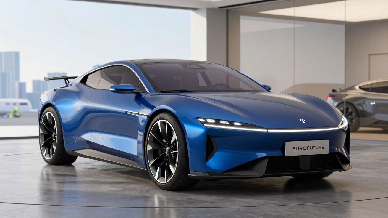 Carro desportivo elétrico azul com design aerodinâmico moderno numa sala de exposição.