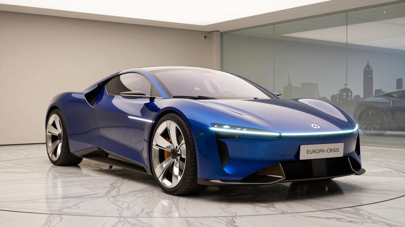 Carro desportivo elétrico azul brilhante num showroom moderno com chão em mármore.