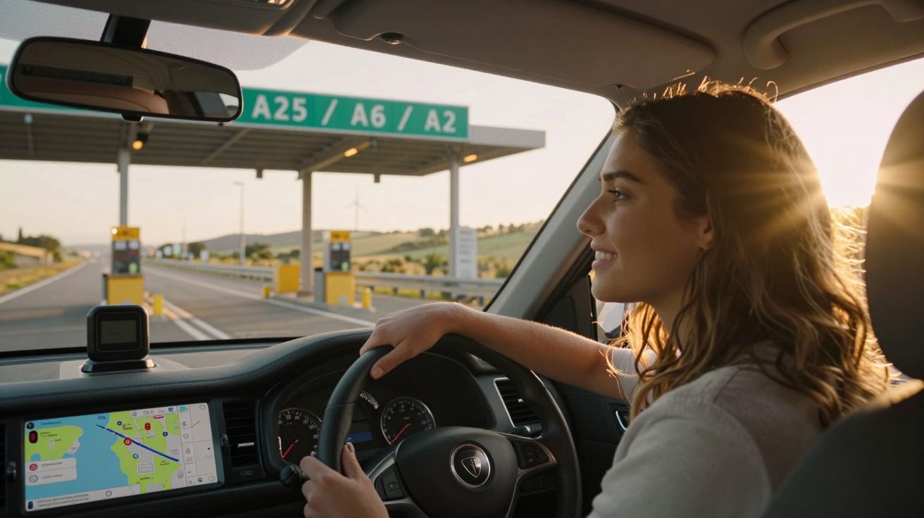 Mulher sorridente ao volante de carro junto a portagem nas autoestradas A25, A6 e A2, ao pôr do sol.