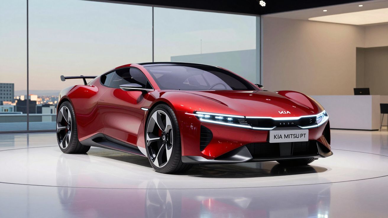 Carro desportivo elétrico vermelho KIA EV6 GT em exibição numa sala moderna com grandes janelas.