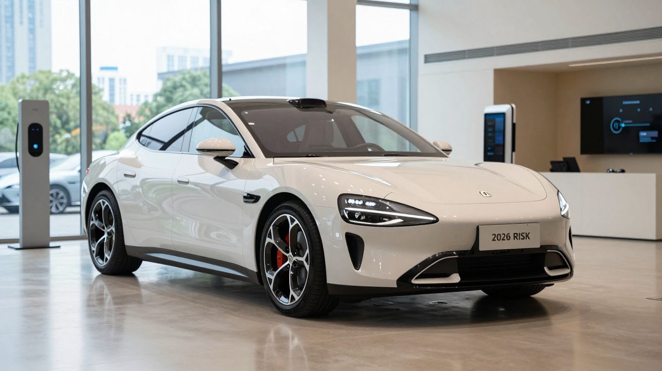 Carro elétrico branco modelo 2026 Risk estacionado numa sala moderna com carregador elétrico ao lado.