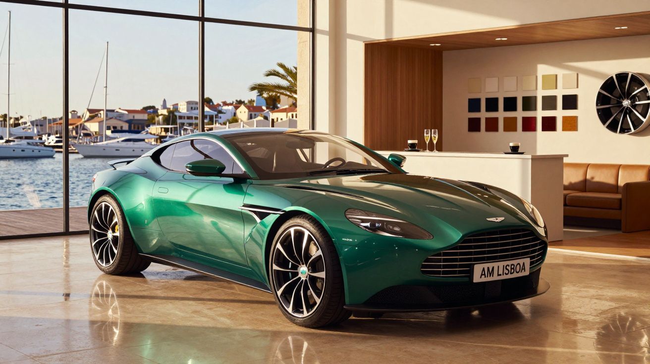 Carro desportivo Aston Martin verde estacionado em showroom com vista para marina e barcos ao fundo.