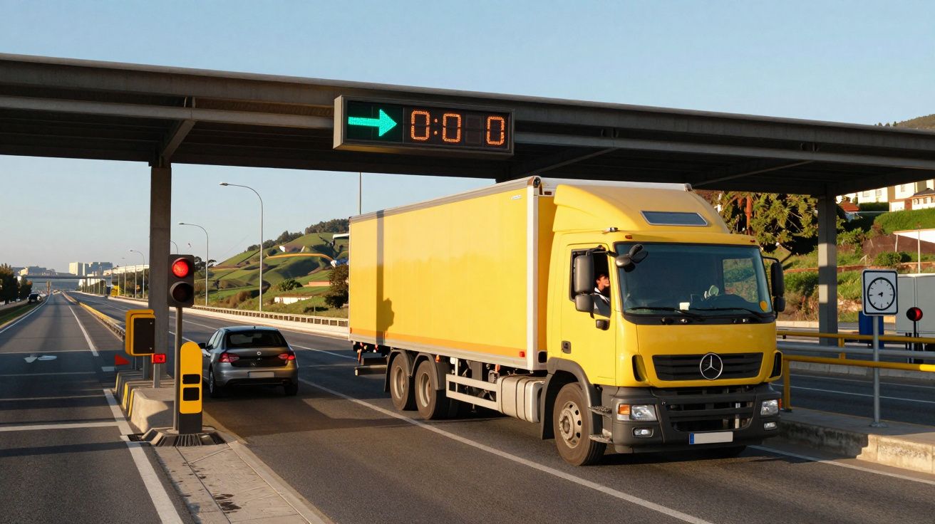 Camião amarelo e carro preto numa via de portagem com semáforo vermelho ao pôr do sol.