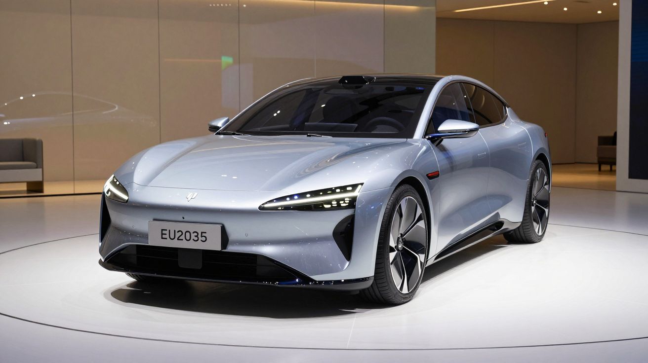 Carro elétrico prateado moderno exposto em ambiente interno com iluminação suave.