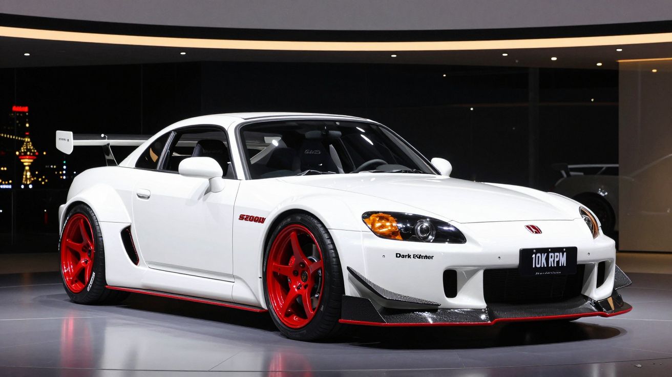 Carro desportivo branco com jantes vermelhas e pormenores em carbono numa exposição interior.