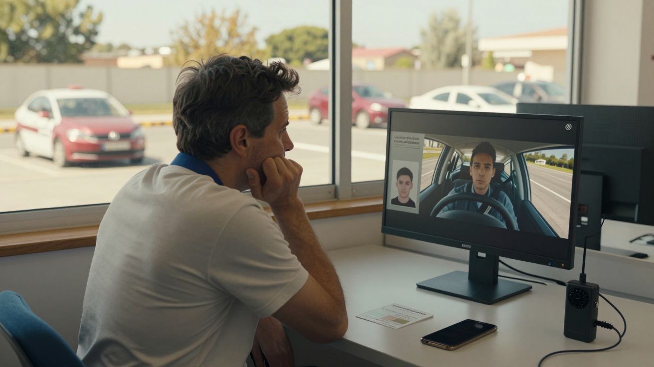 Homem sentado a analisar vídeo de condução e fotografia numa secretária junto a uma janela.