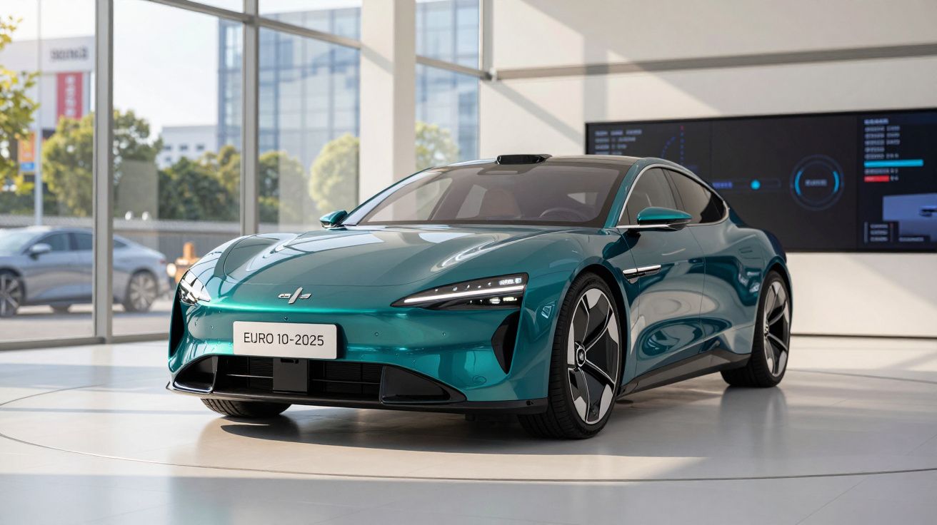 Carro elétrico desportivo verde metálico exposto num showroom moderno com janelas grandes.