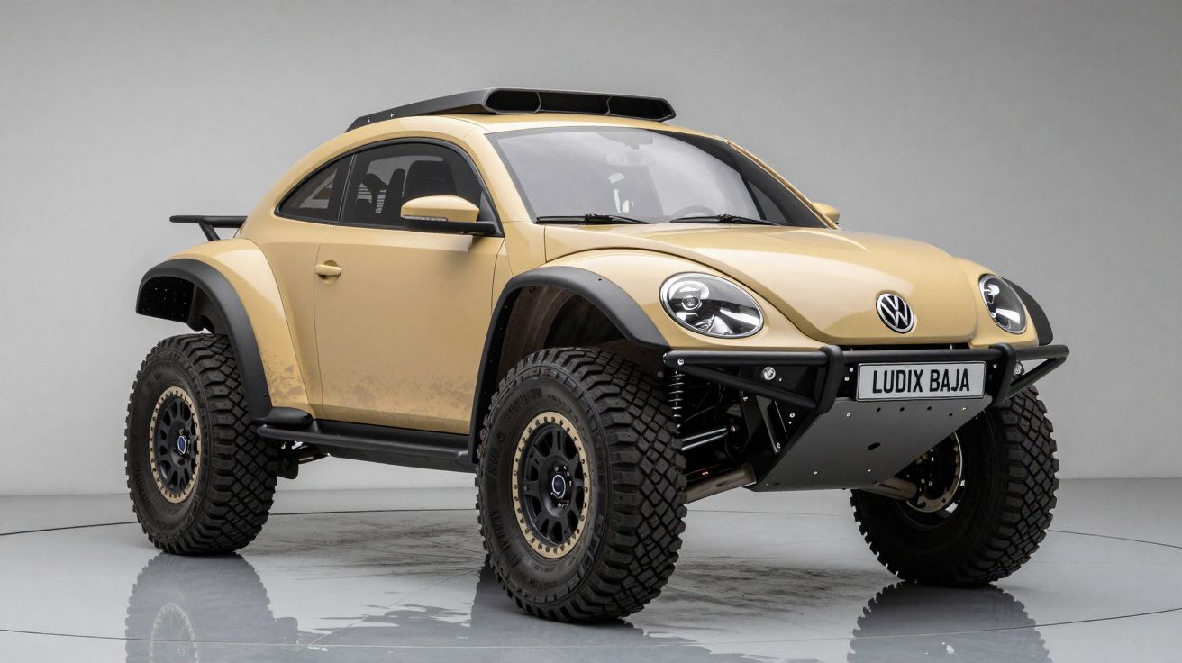 Carro todo-o-terreno Volkswagen Beetle modificado com pneus grandes, pintura bege e acessórios off-road.