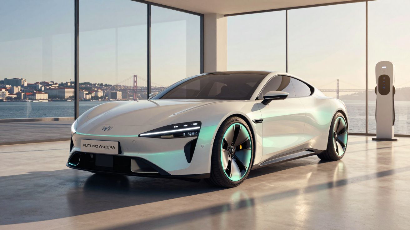 Carro desportivo elétrico branco estacionado num interior com janelas grandes e posto de carregamento.