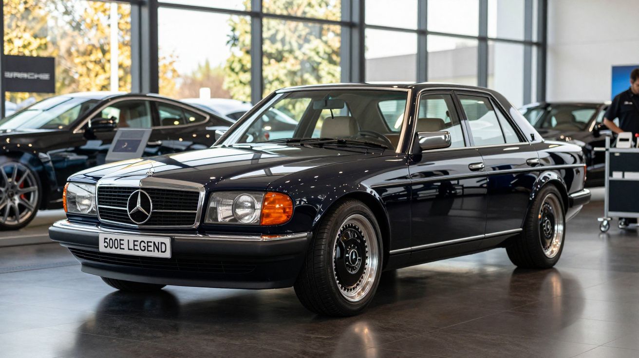 Mercedes-Benz 500E Legend preto clássico estacionado em espaço interior de exposição automóvel.