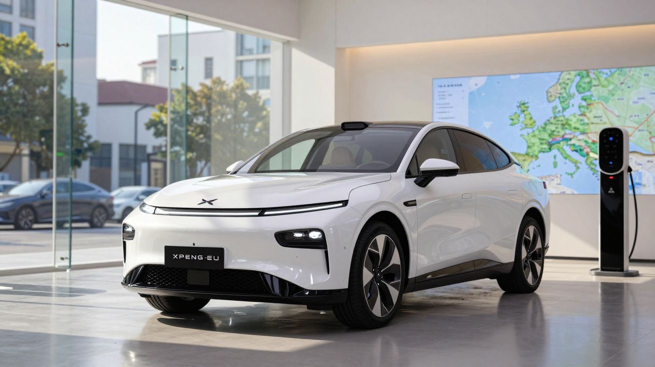 Carro elétrico branco da marca XPeng estacionado em showroom moderno com carregador ao lado.