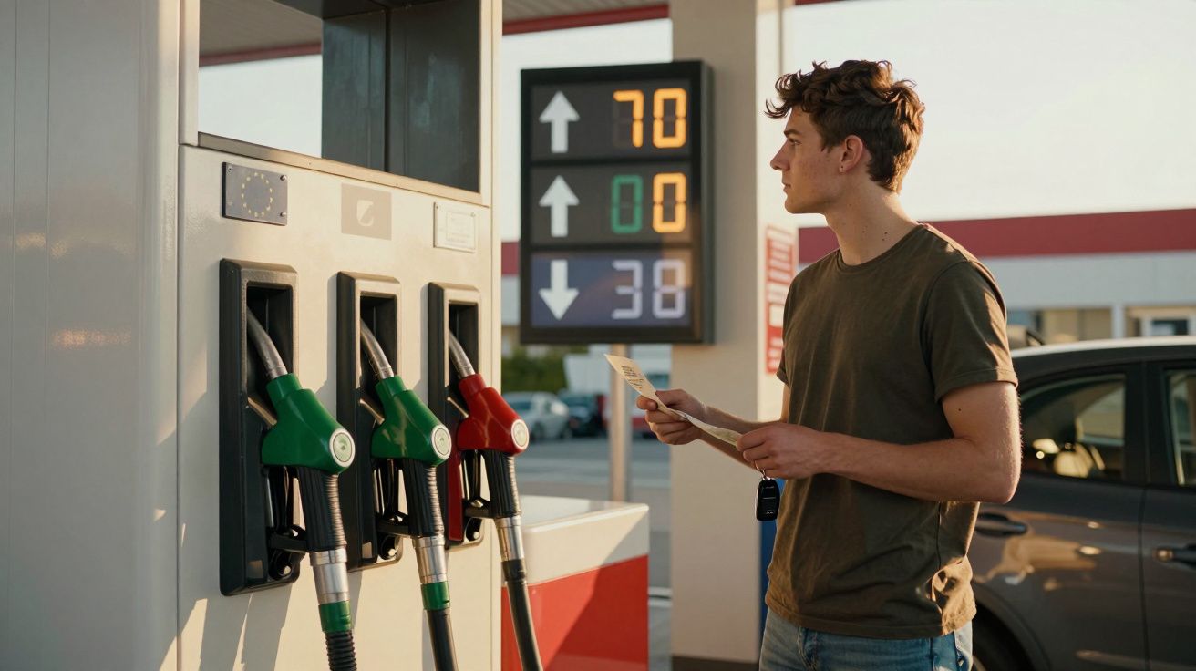Jovem de t-shirt verde consulta o preço do combustível junto a bomba de gasolina numa estação de serviço.