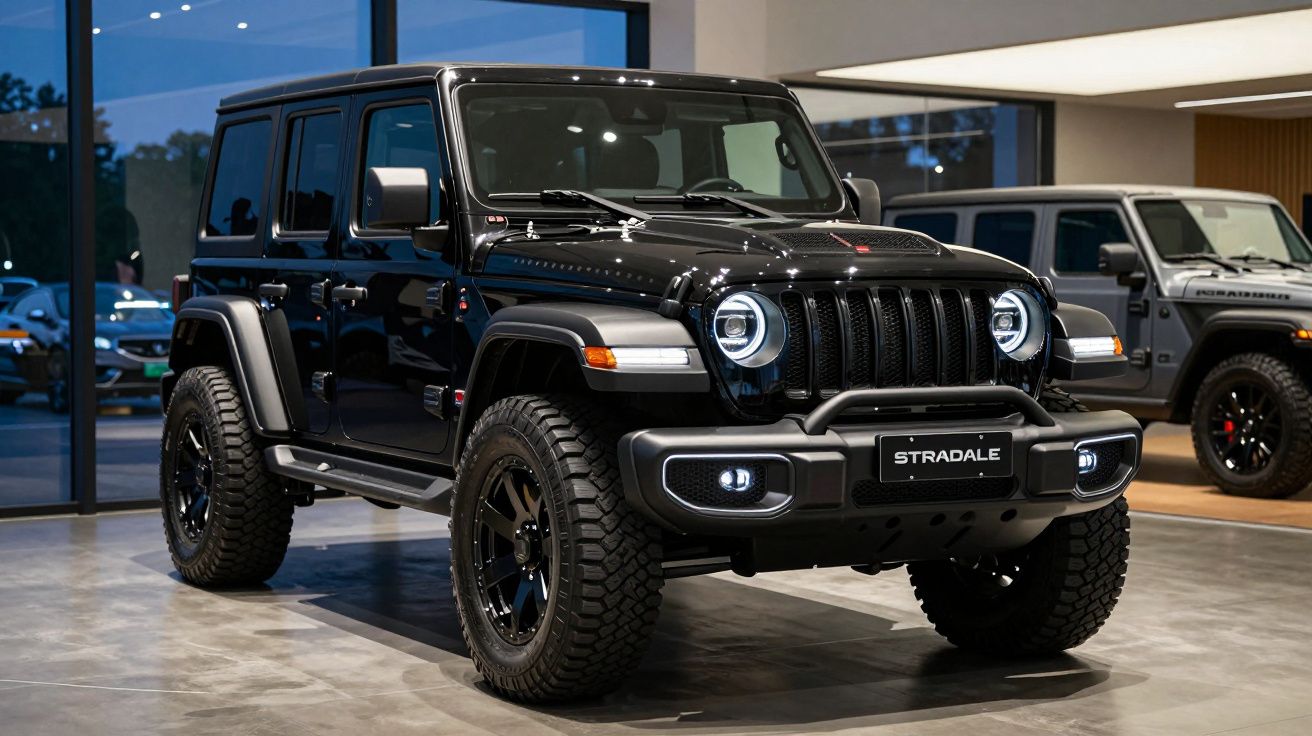 Carro Jeep Wrangler preto estacionado em interior de showroom moderno com piso cinza.