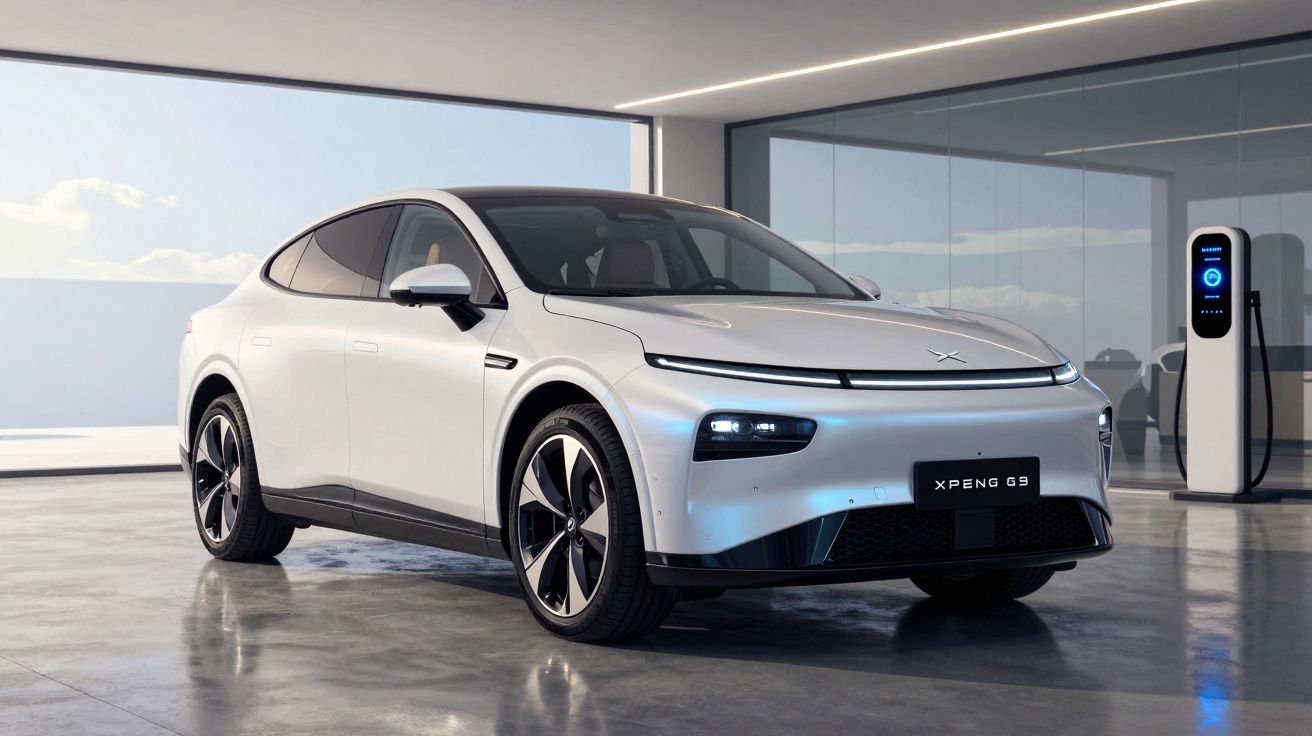 Carro elétrico branco estacionado numa garagem moderna com posto de carregamento visível ao fundo.