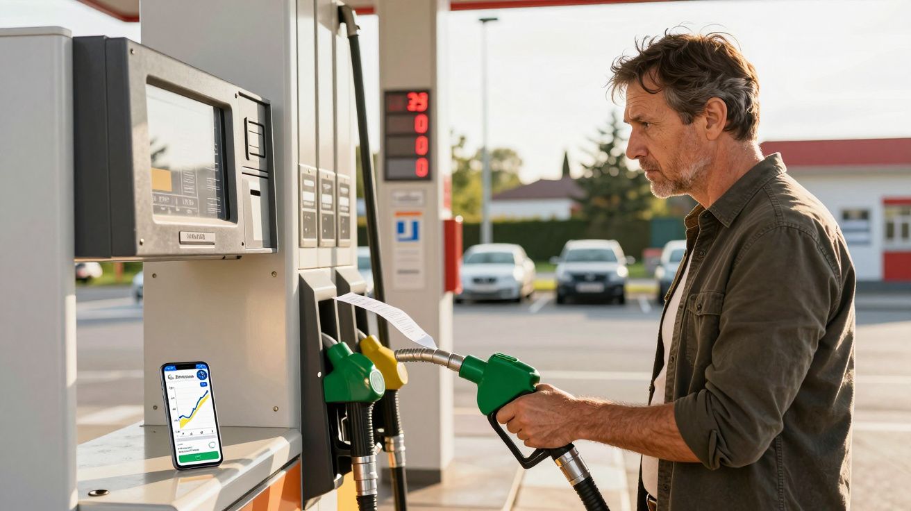 Homem abastece carro numa bomba de gasolina com telemóvel a mostrar gráfico ao lado.