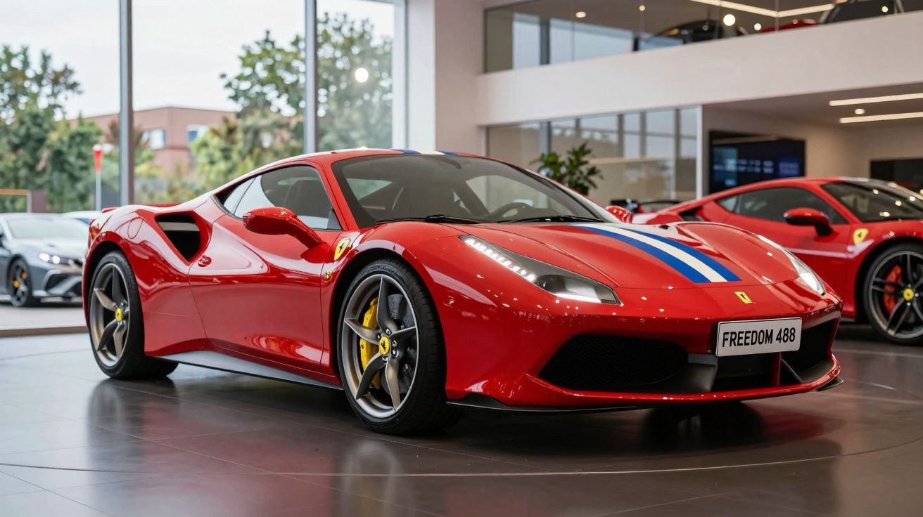 Carro desportivo Ferrari vermelho com faixa azul e branca numa exposição interior com piso cinza.