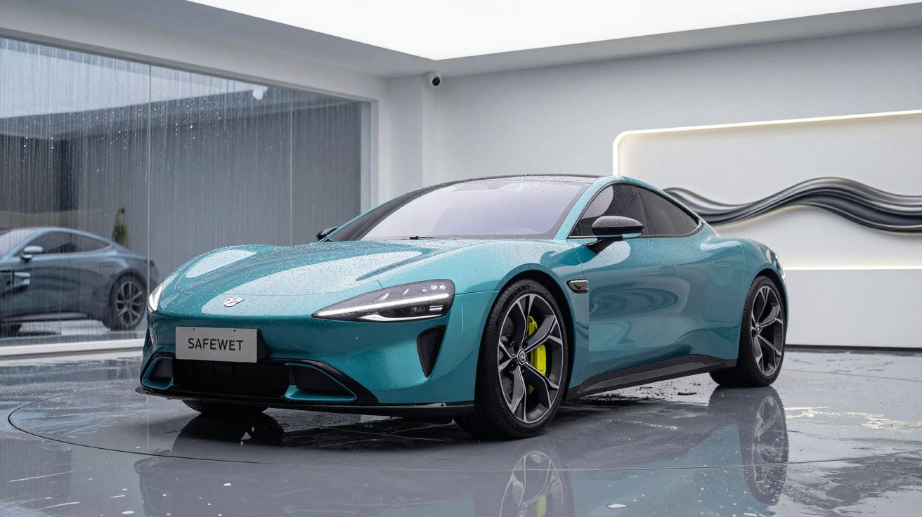 Carro desportivo eléctrico azul turquesa estacionado dentro de showroom moderno com piso brilhante molhado.