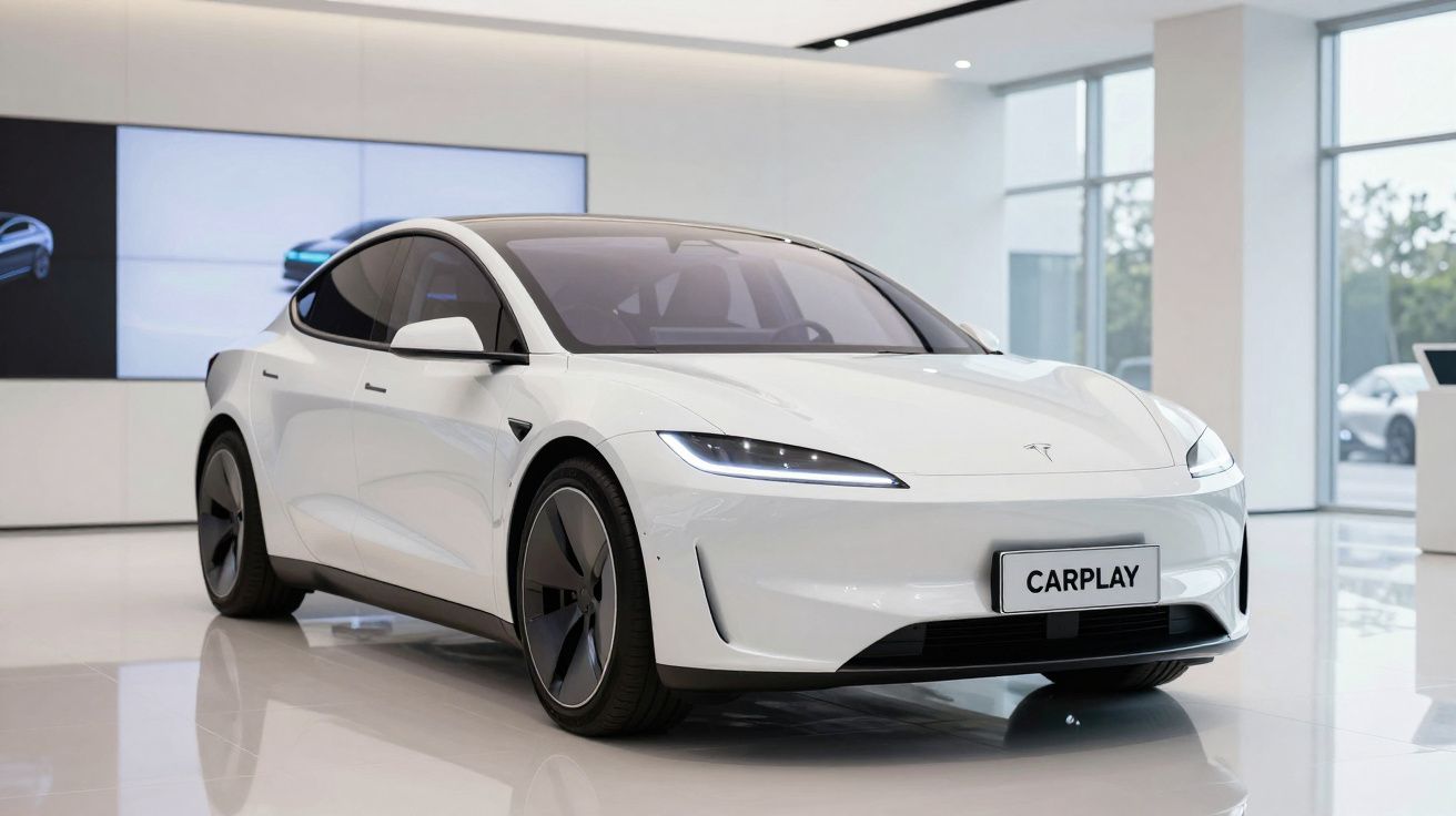 Carro elétrico branco Tesla modelo futurista exposto em salão moderno com piso brilhante.