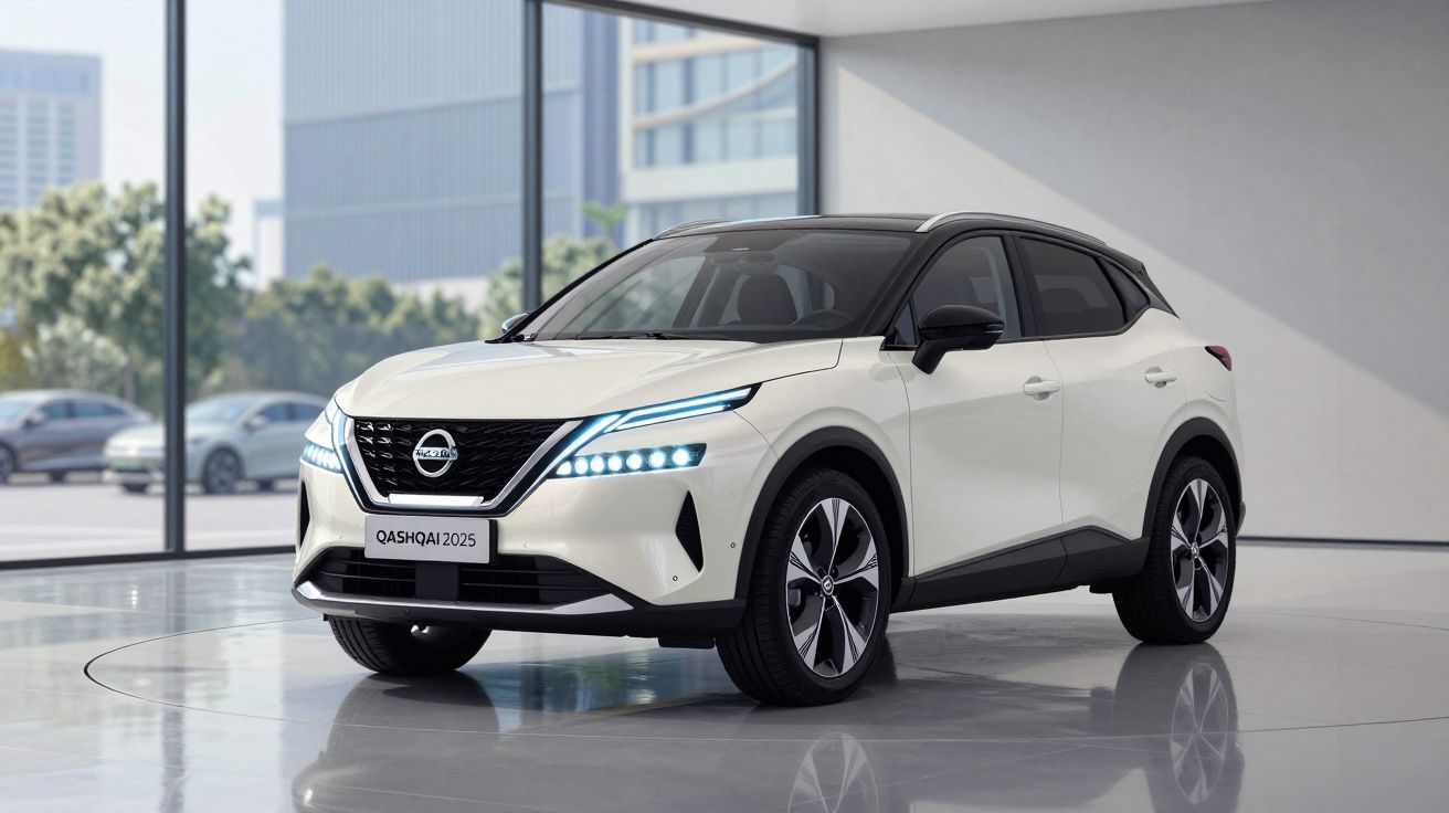 Carro SUV branco Nissan Qashqai 2025 estacionado em showroom com iluminação natural e janelas grandes.