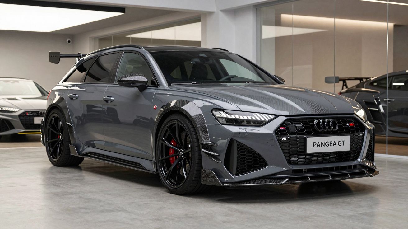 Carro desportivo Audi cinzento Pangea GT estacionado num piso interior moderno.