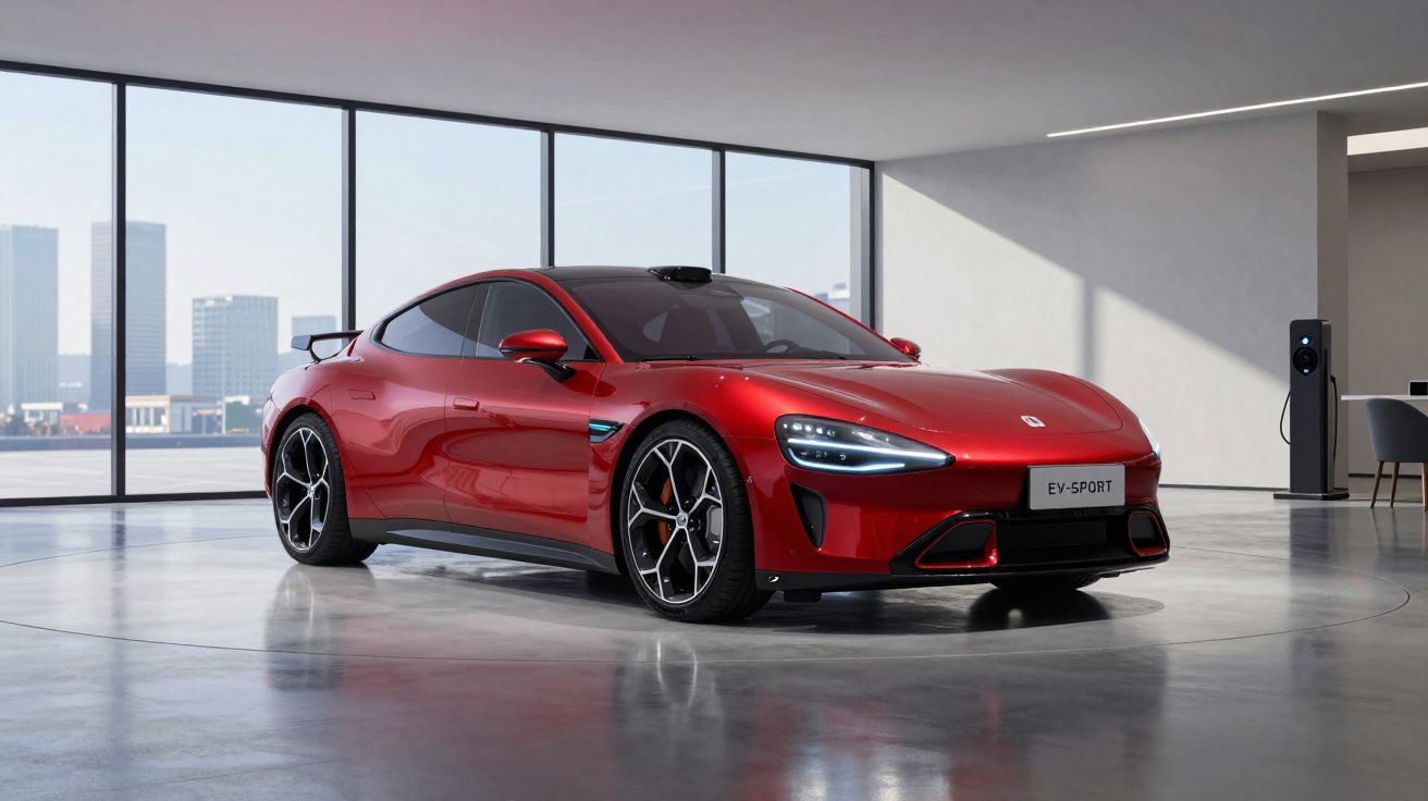 Carro desportivo elétrico vermelho estacionado em espaço moderno com grandes janelas panorâmicas.