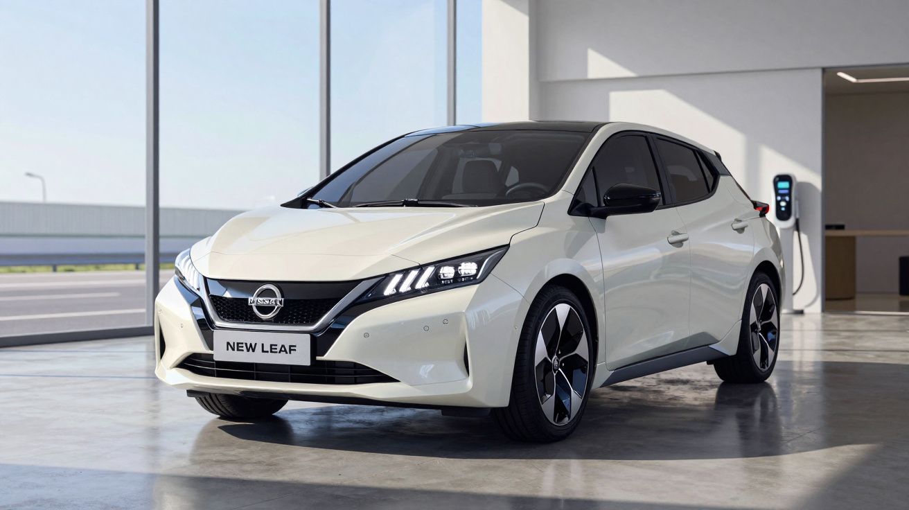 Automóvel elétrico Nissan New Leaf branco com linhas modernas, estacionado em garagem iluminada.