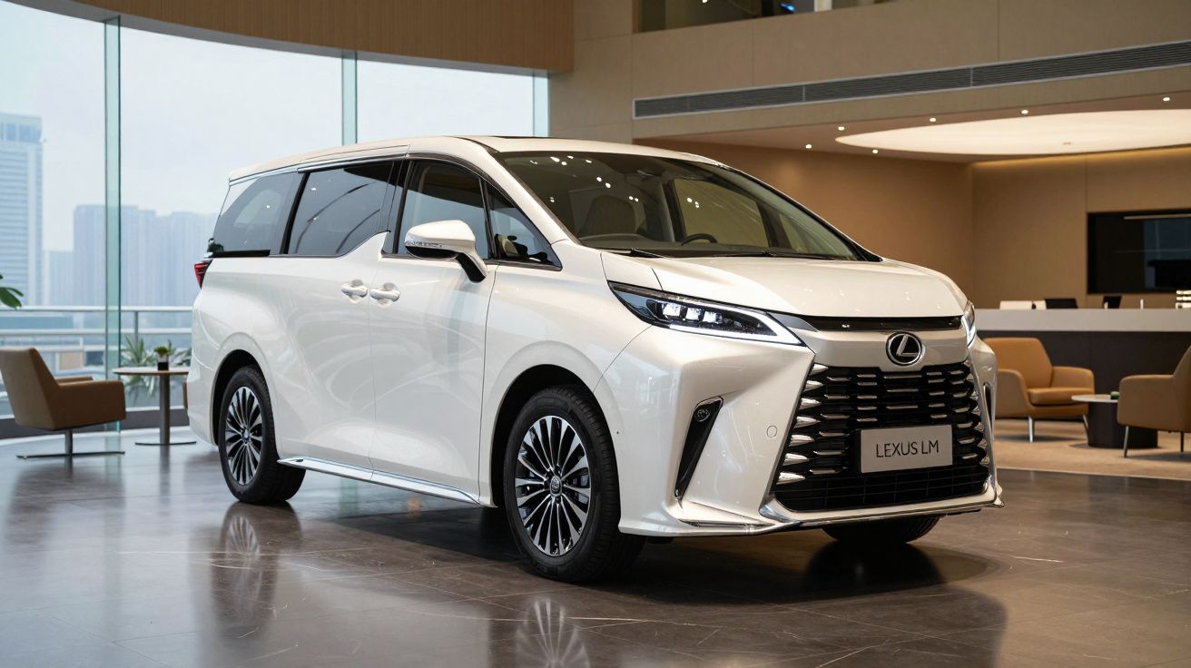 Monovolume Lexus LM branco estacionado num interior moderno com janelas grandes e cadeiras à volta.