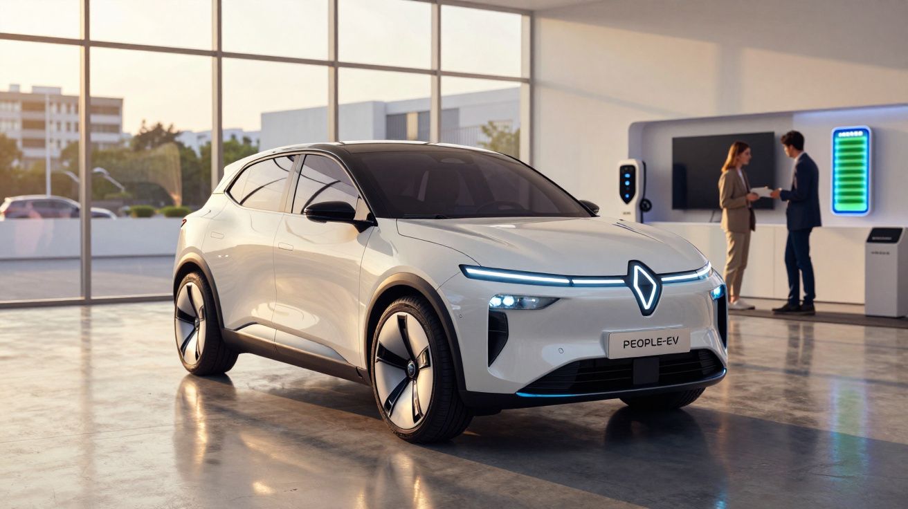Carro elétrico branco PEUGEOT People-EV estacionado em showroom moderno com grandes janelas e duas pessoas ao fundo.