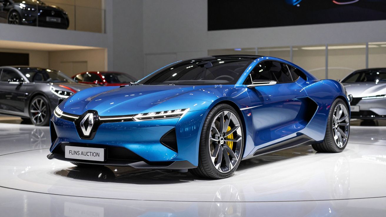 Carro desportivo azul elétrico da Renault exposto em salão automóvel moderno e iluminado.