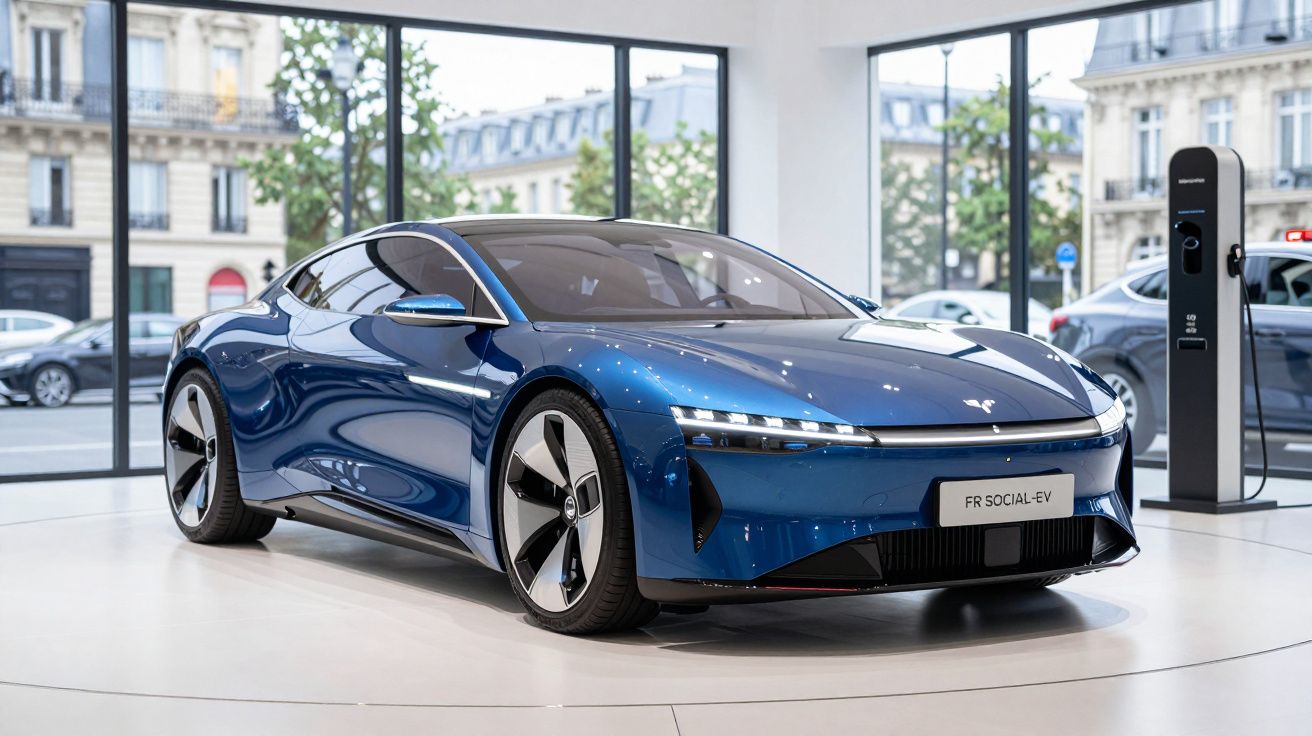 Carro elétrico desportivo azul brilhante exposto numa sala com grandes janelas e estação de carregamento ao lado.