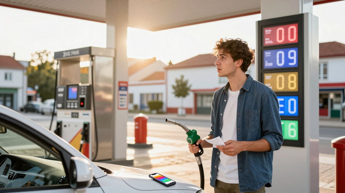 Homem com bomba de gasolina na mão litro numa bomba de combustível ao pôr do sol.