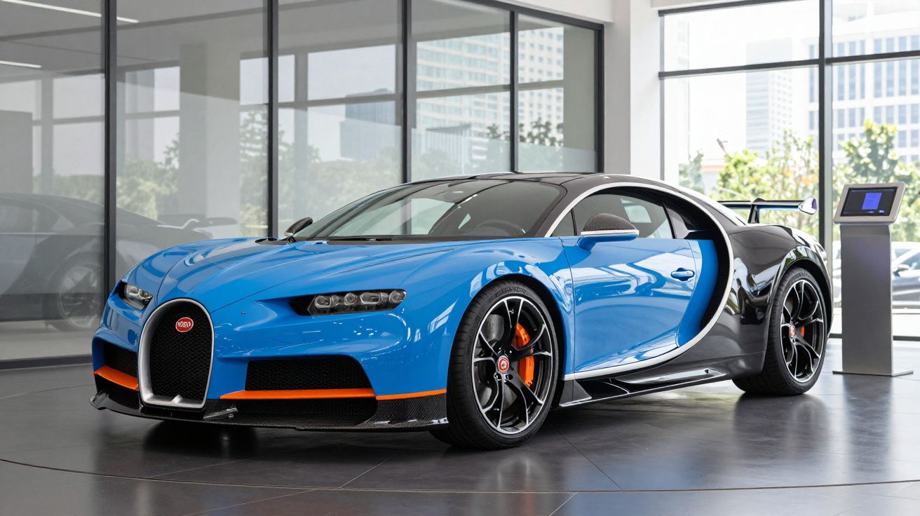 Carro desportivo azul e preto estacionado dentro de um showroom moderno com paredes de vidro.