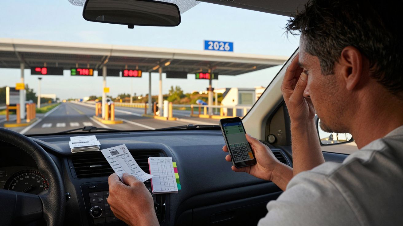 Homem preocupado no carro a olhar para documentos e telemóvel junto a portagem numa estrada.