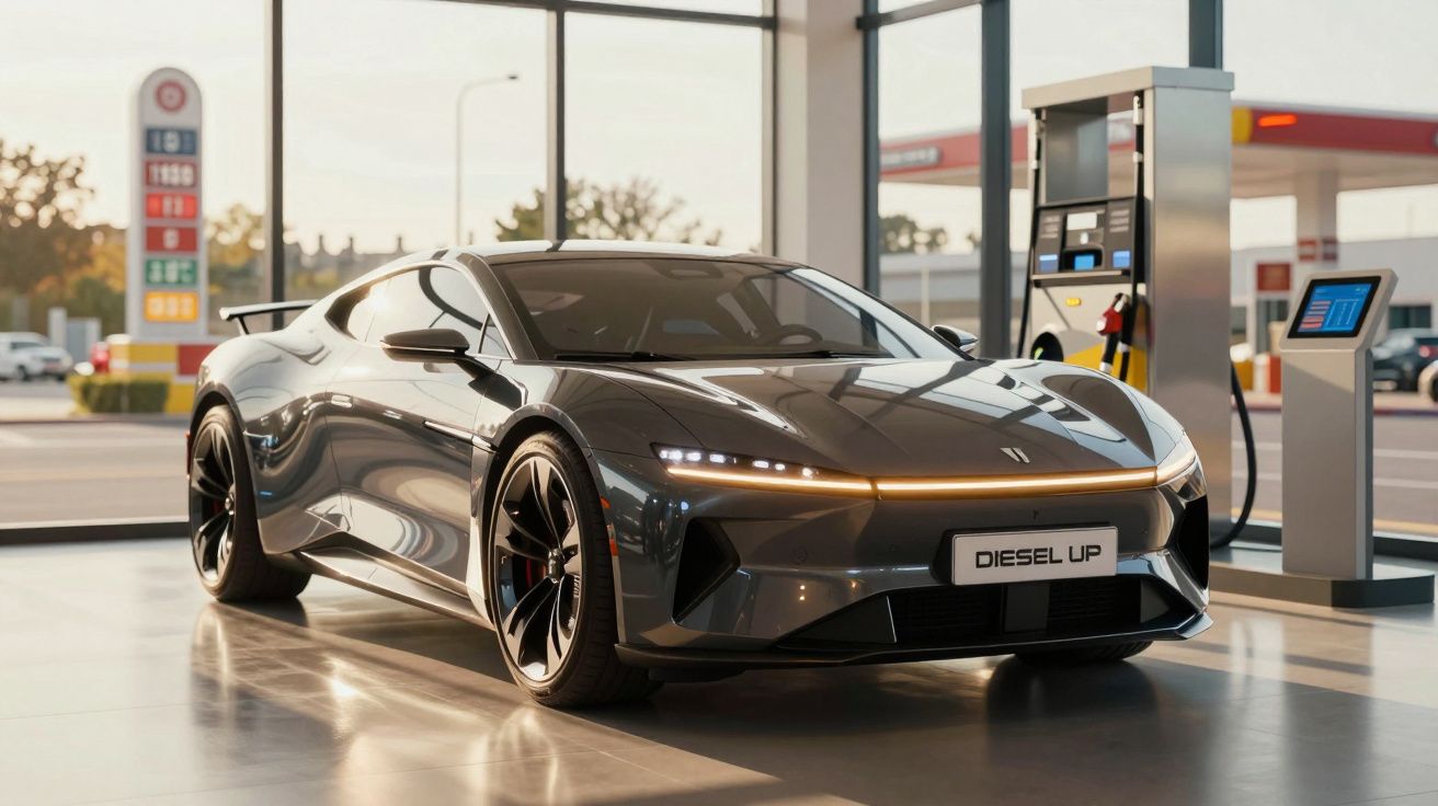 Carro desportivo cinza estacionado numa estação de combustível moderna com bomba automática.