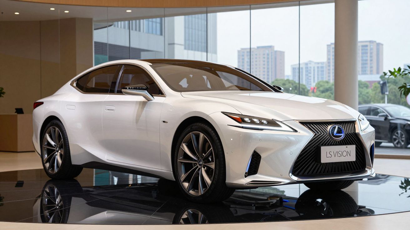 Carro desportivo branco Lexus LS Vision exibido numa sala de exposições moderna com janelas de vidro grandes.