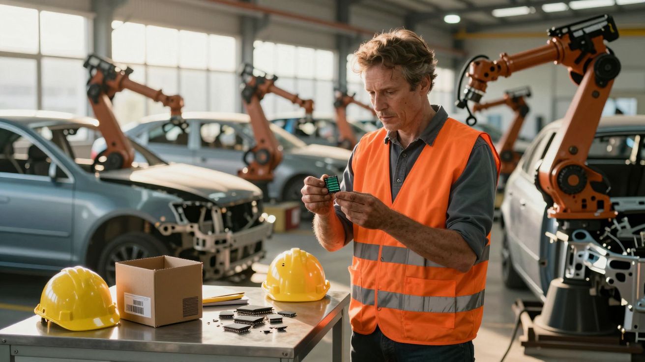 Homem com colete laranja verifica peça eletrónica numa fábrica automóvel com robôs e carros em montagem.