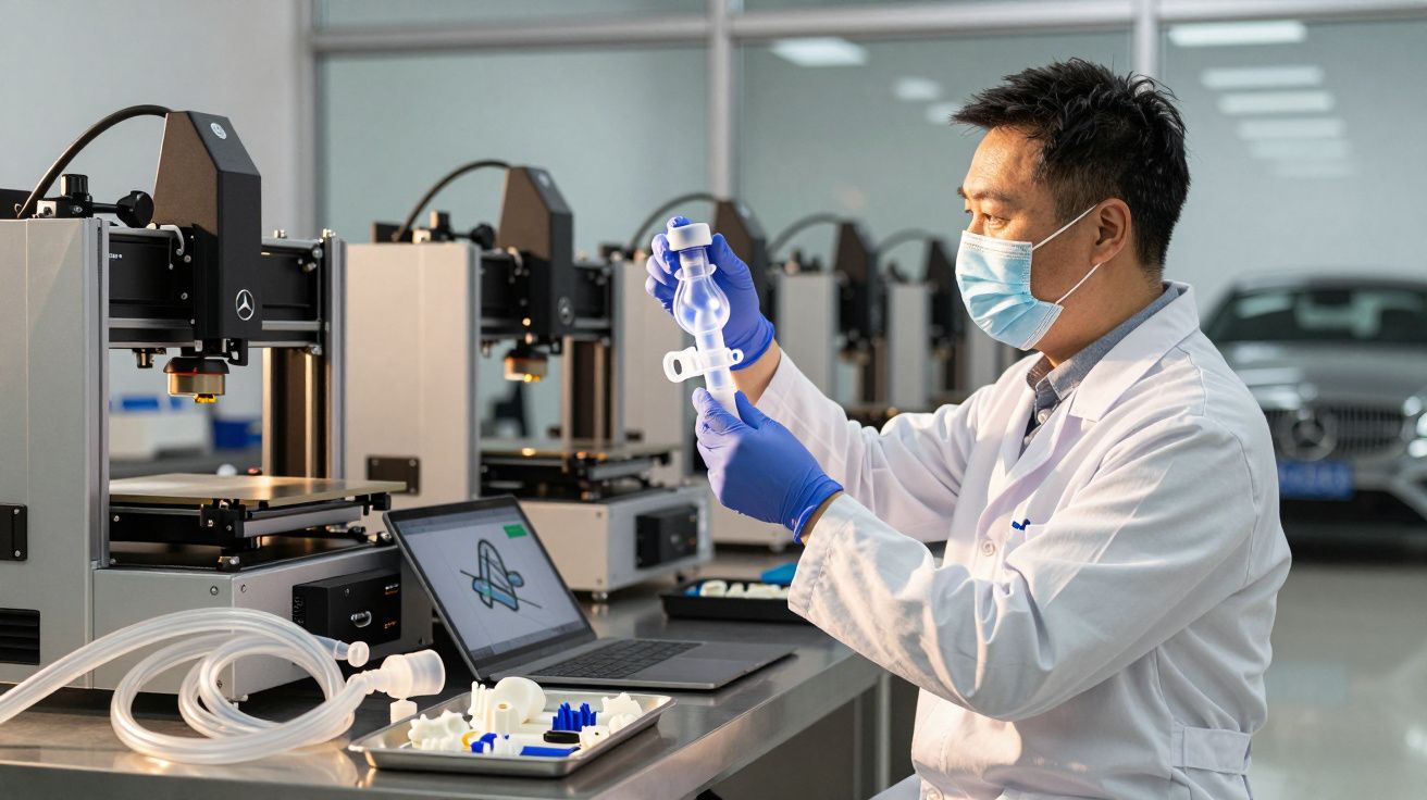 Cientista com máscara e luvas examina peça plástica, ao lado de impressoras 3D e computador num laboratório.