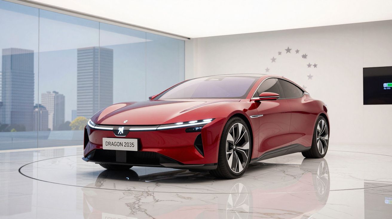 Carro elétrico desportivo vermelho Dragon 2035 numa exposição moderna com vista urbana.