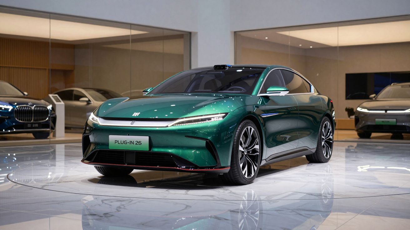 Carro elétrico verde metálico num salão de exposições moderno com piso em mármore.