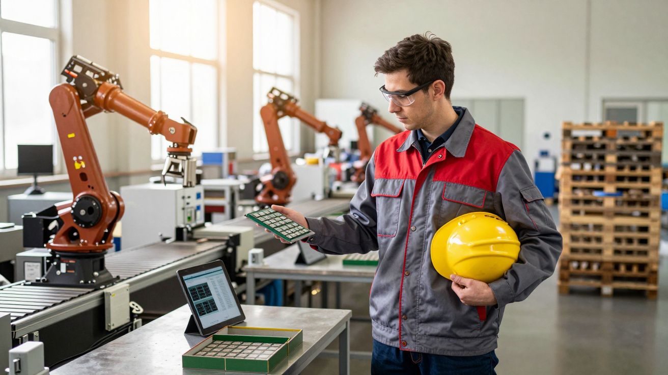 Homem com macacão e óculos de proteção segura capacete amarelo e placa eletrónica numa fábrica automatizada.