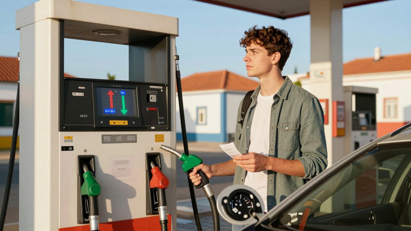 Jovem com roupa casual segura pistola de gasolina junto a bomba de combustível numa estação de serviço.