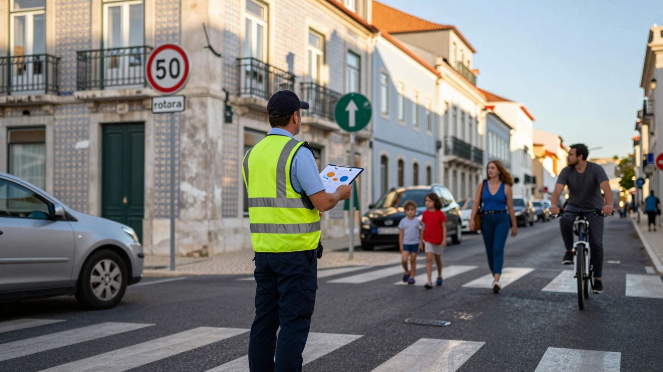 Agente de trânsito com colete refletor observa peões a atravessar passadeira numa rua urbana.