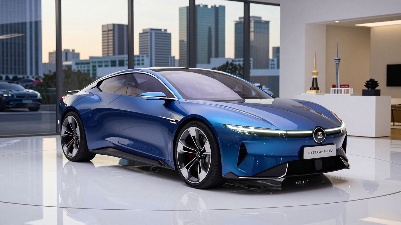 Carro desportivo elétrico azul em exposição num espaço moderno com janelas grandes e vista urbana.