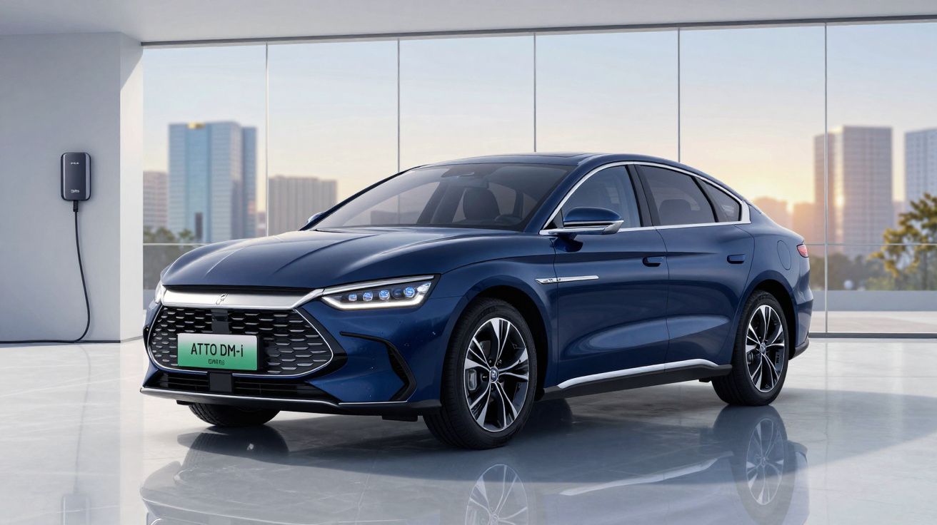 Carro elétrico azul estacionado num espaço moderno com painel de carregamento na parede e vista urbana ao fundo.